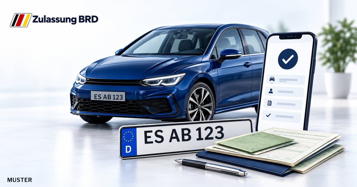 Online Fahrzeugzulassung in Kirchheim unter Teck: Musterkennzeichen ES AB 123, Auto und Fahrzeugpapiere und Smartphone. Illustration mit Logo von Zulassung BRD.